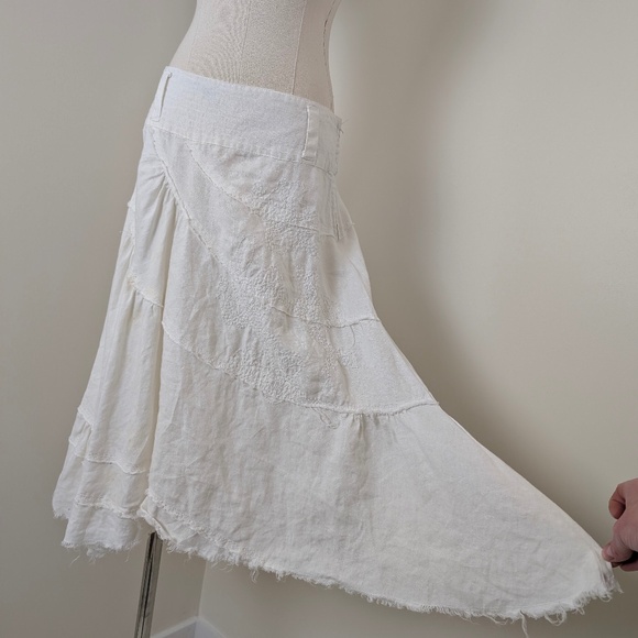 Linen Le Chateau Midi Skirt Asymmetrical White High Low Tiered Frayed Distressed - Picture 9 of 10